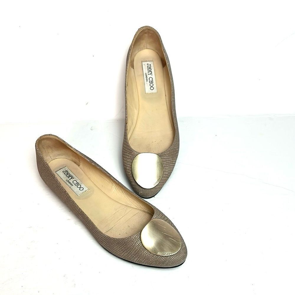 Jimmy Choo WRAY Ballet Flats Printed Leather Nude Gold Logo Medallion Italy US 7